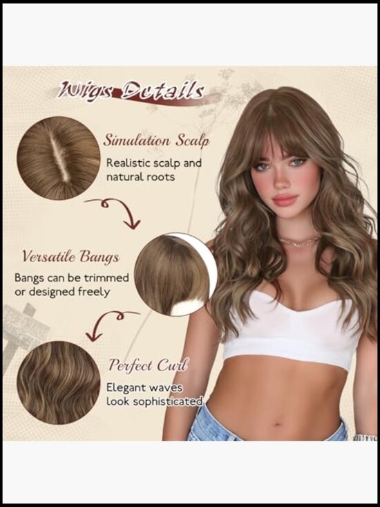 20 Inch Long Wavy Synthetic Wig with Bangs Heat Resistant Wigs for Women Daily main image 6